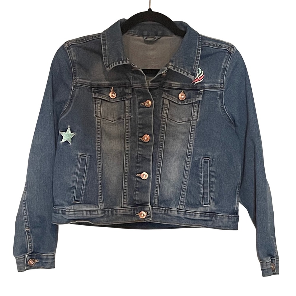 Girls XL 14-16 Plus Denim Jacket Unicorn Star Medium Wash Y2K Kidcore Indie Pop
